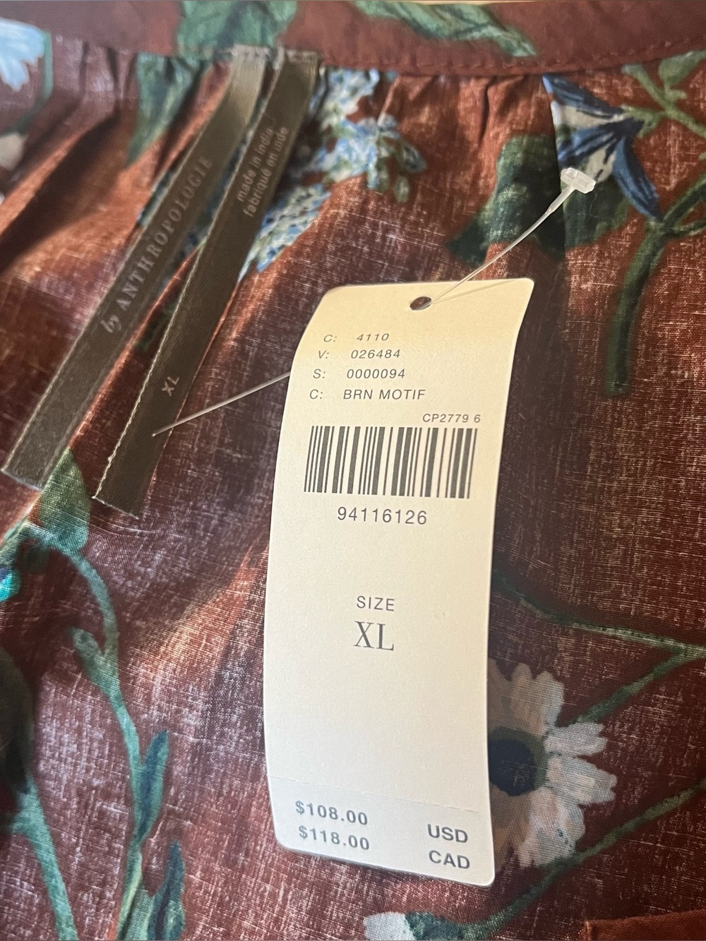 Anthropologie Brown Floral Somerset Peplum Blouse with Blue & Green Print XL - Picture 8 of 8